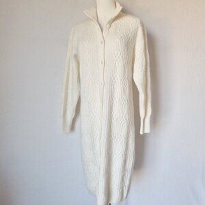 Vintage Liz Claiborne Lambswool Angora Cable-Knit Button-Up Sweater Dress Ivory